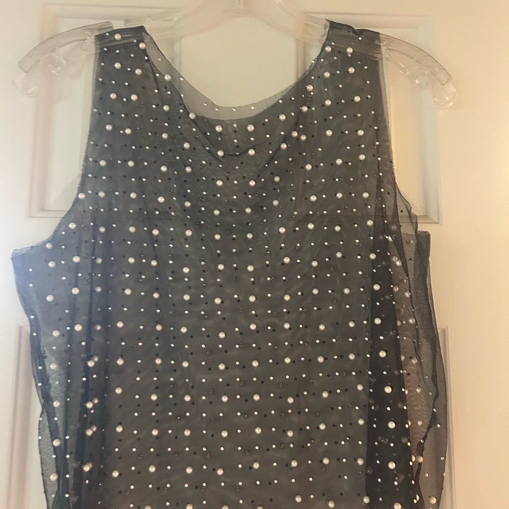 Sheer Black Sleeveless Top with White Polka Dots